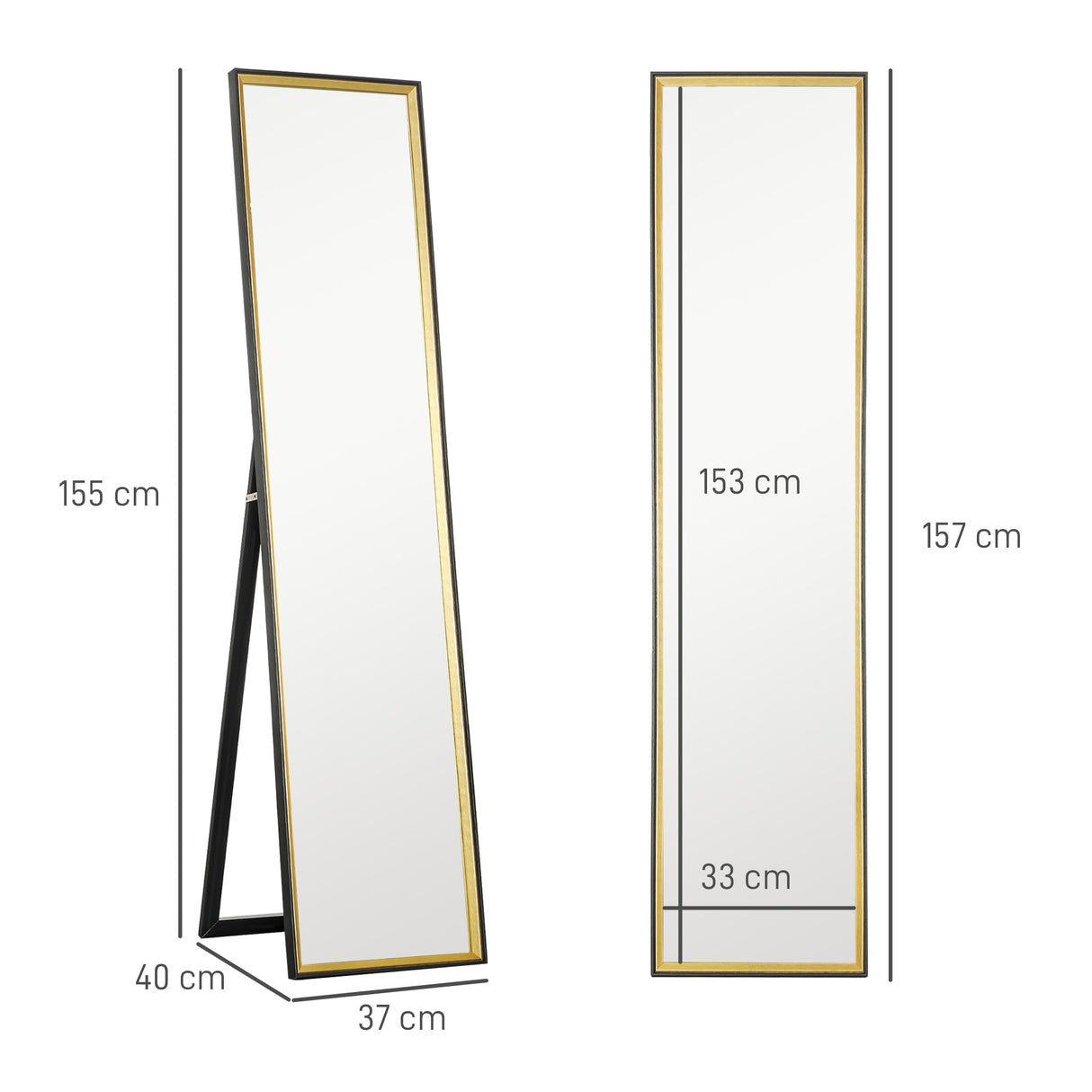 easycomfort easycomfort specchio a figura intera con supporto posteriore e cornice in legno e vetro 37x3x157 cm nero e oro
