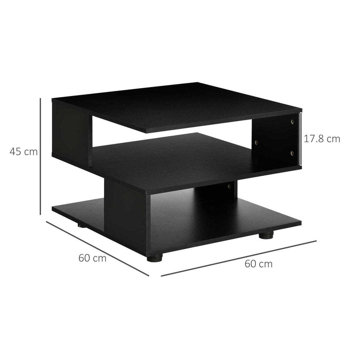 easycomfort easycomfort tavolino da caffe asimmetrico in legno con ripiani e piedini regolabili 60x60x45cm nero