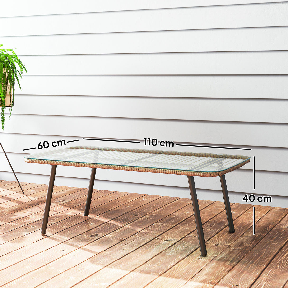 easycomfort easycomfort tavolino da giardino in rattan pe con piano in vetro e acciaio 110x60x40 cm legno naturale