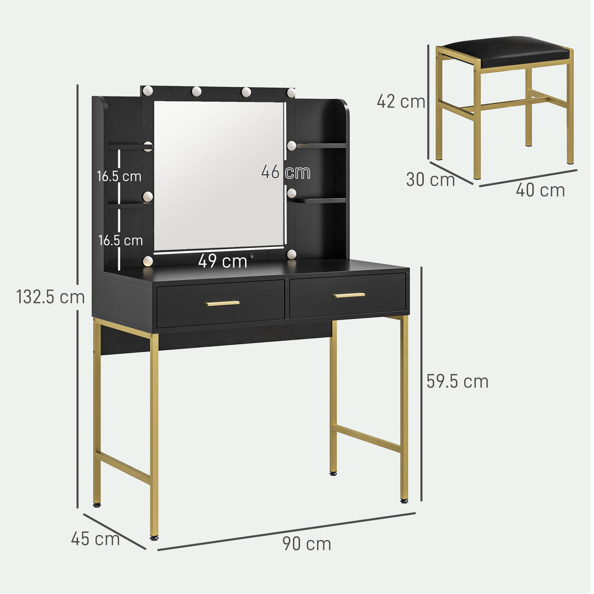 easycomfort easycomfort tavolo da trucco con 2 cassetti 6 ripiani specchio e sgabello in legno e acciaio 90x45x132 5 cm nero