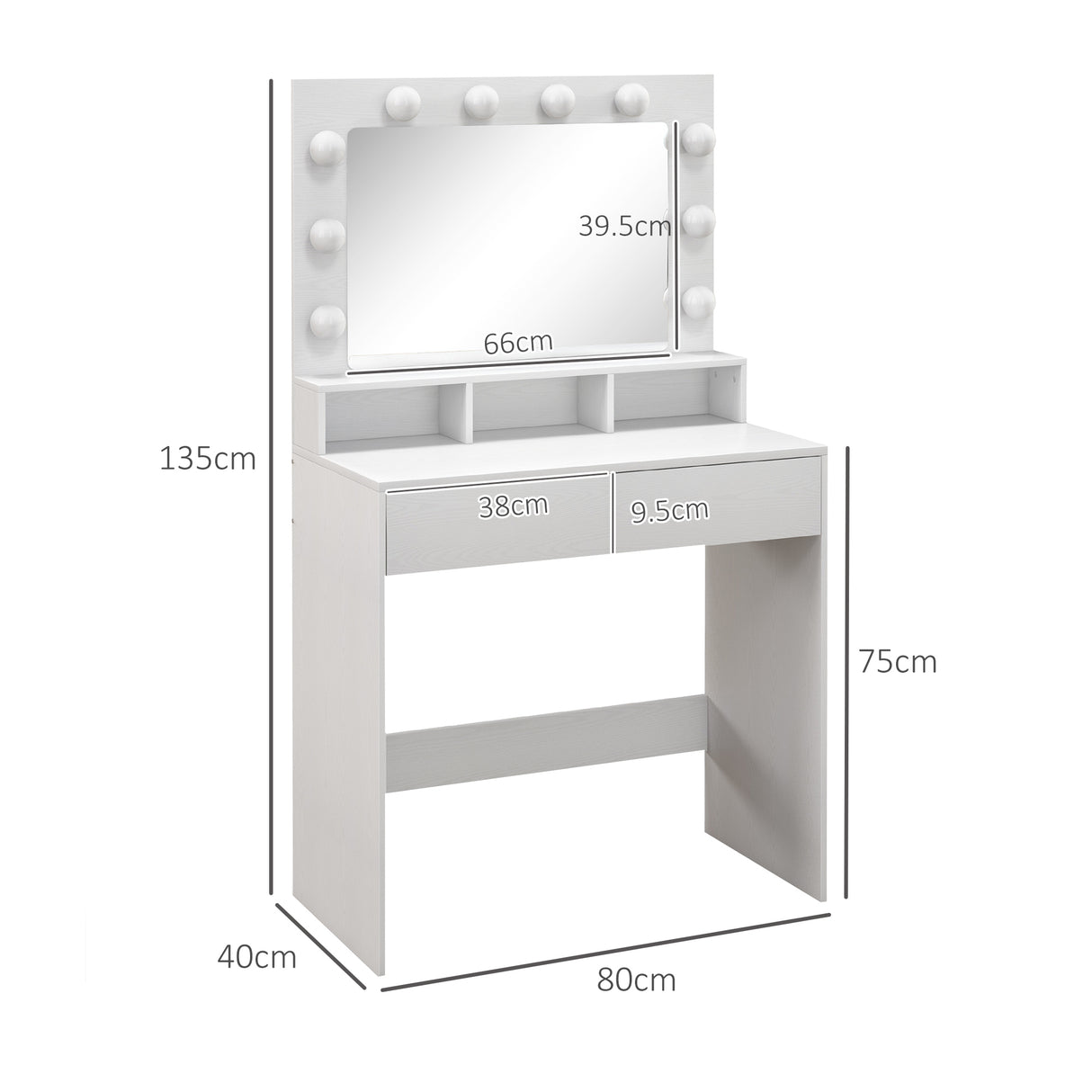 easycomfort easycomfort tavolo da trucco con specchio e 10 luci led regolabili 2 cassetti e 3 scomparti 80x40x135 cm bianco