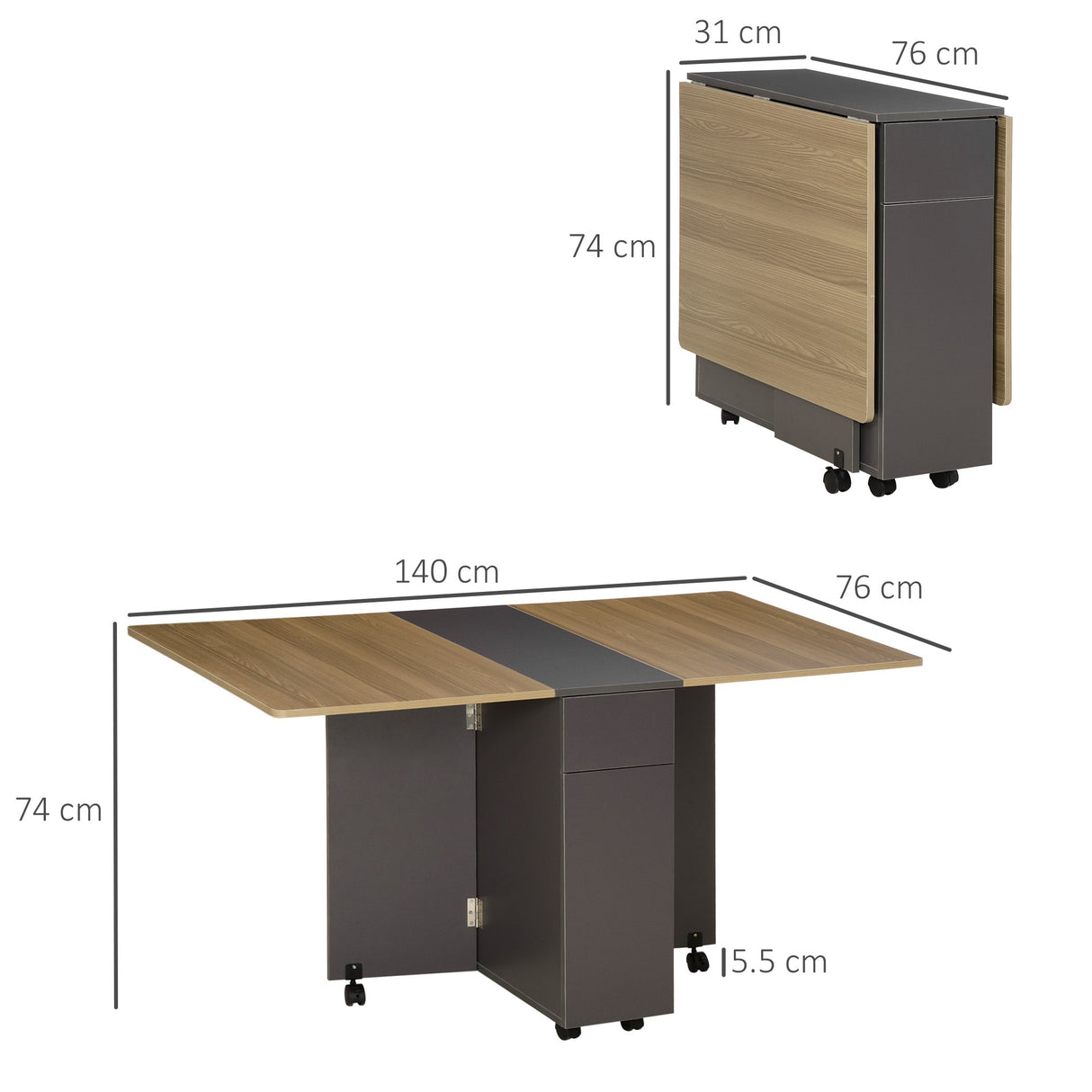 easycomfort easycomfort tavolo pieghevole da pranzo in truciolato con 2 cassetti 1 armadietto max 6 persone 140x76x76 cm
