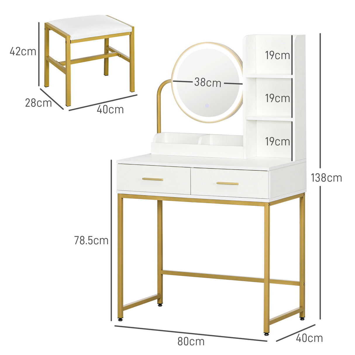 easycomfort easycomfort toeletta tavolo trucco con specchio illuminato a led e sgabello cassetti e ripiani bianco