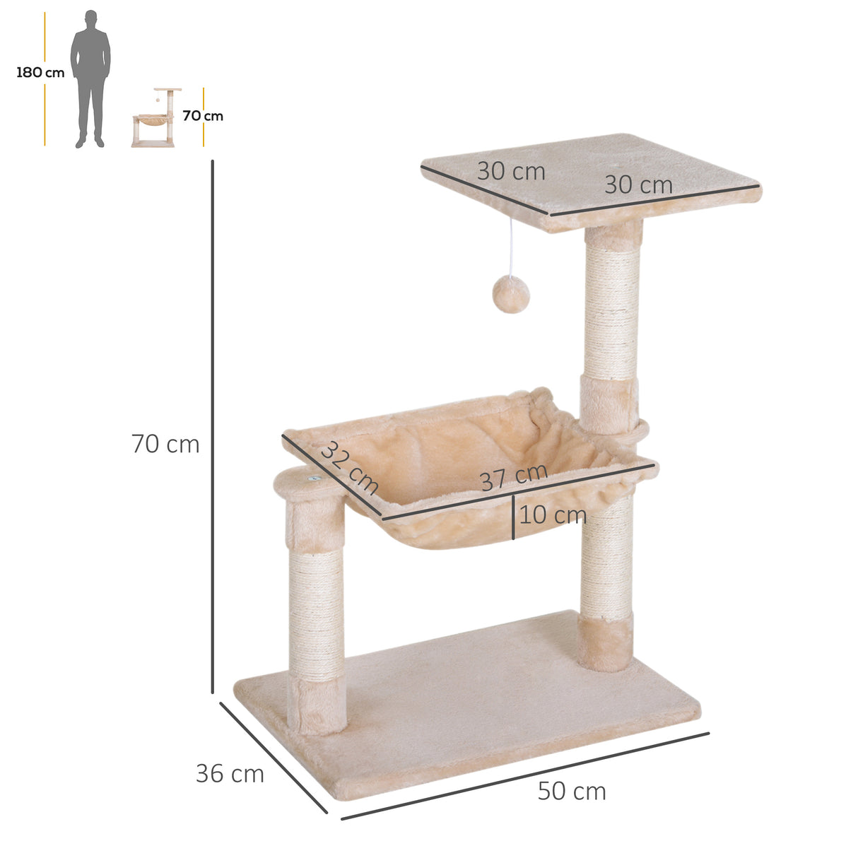 easycomfort easycomfort torre per gatti max 3 6kg con amaca e pallina appesa in legno e peluche 50x36x70 cm beige