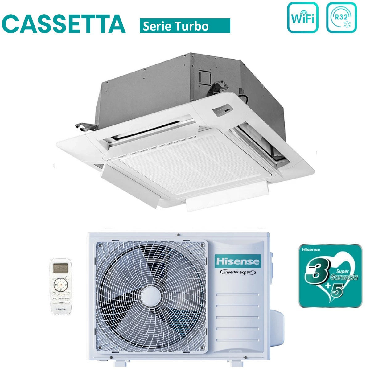 climatizzatore condizionatore hisense inverter a cassetta serie turbo 12000 btu act35ur4rcc8 _ auw35u4rs8 r 32 wi fi optional classe a__ a_ con telecomando e pannello incluso