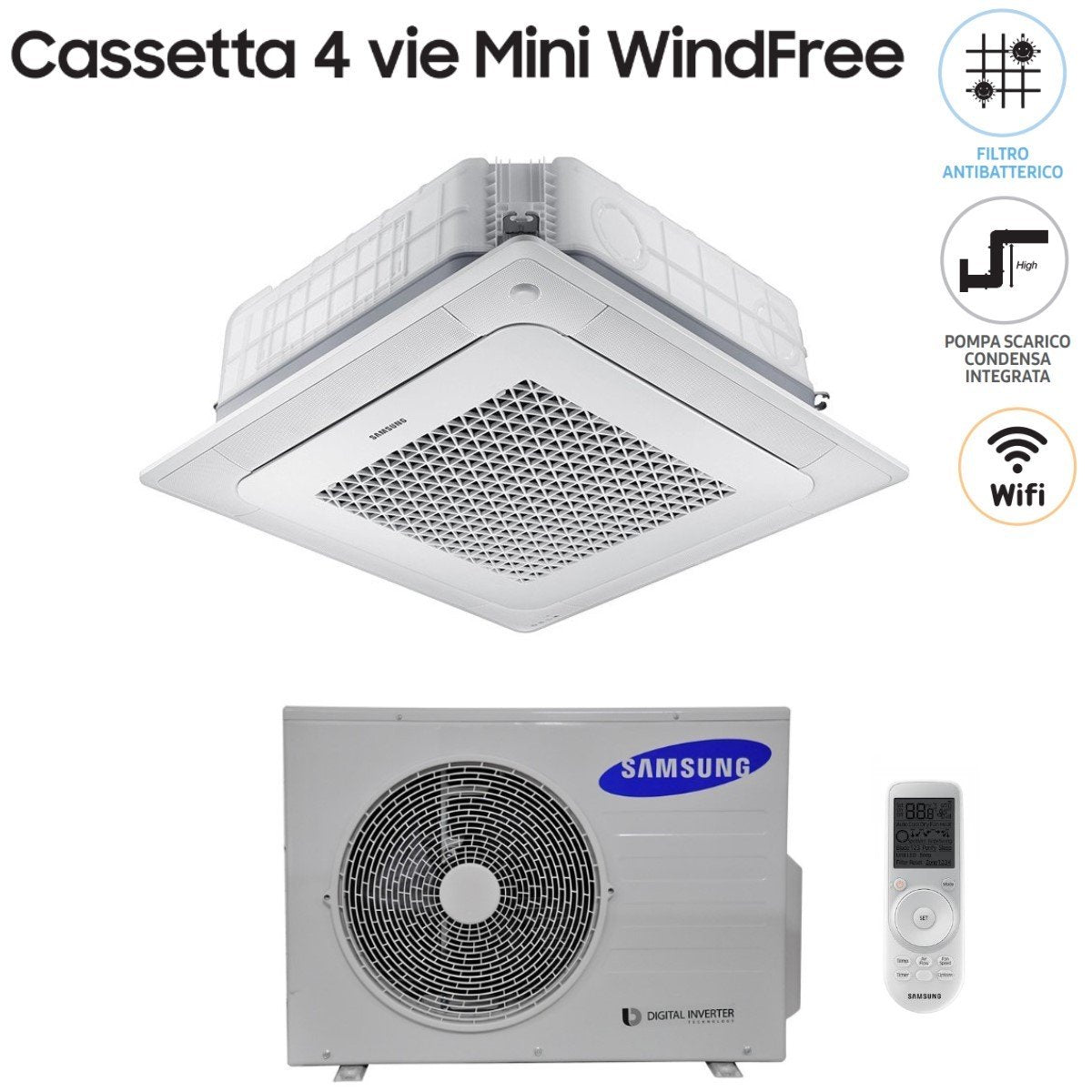 climatizzatore condizionatore samsung mini cassetta 4 vie windfree 12000 btu ac035nnndkh r 410 wi fi optional con telecomando wireless e pannello incluso