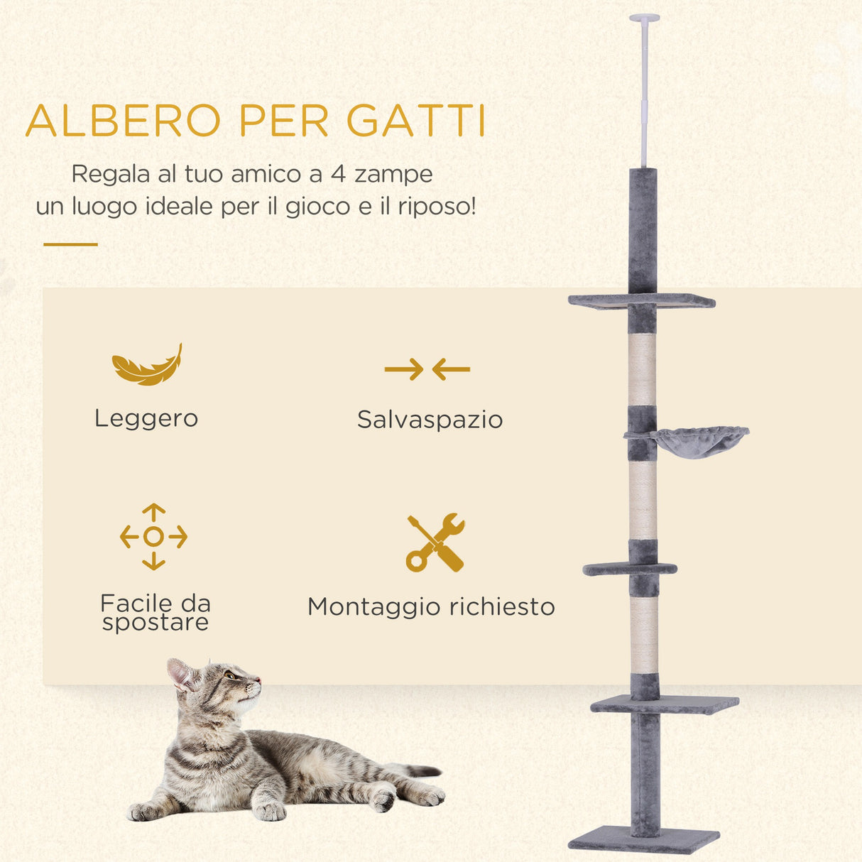 easycomfort easycomfort albero tiragraffi a 4 livelli ad altezza regolabile in truciolato peluche e sisal 40x34x230 260 cm grigio