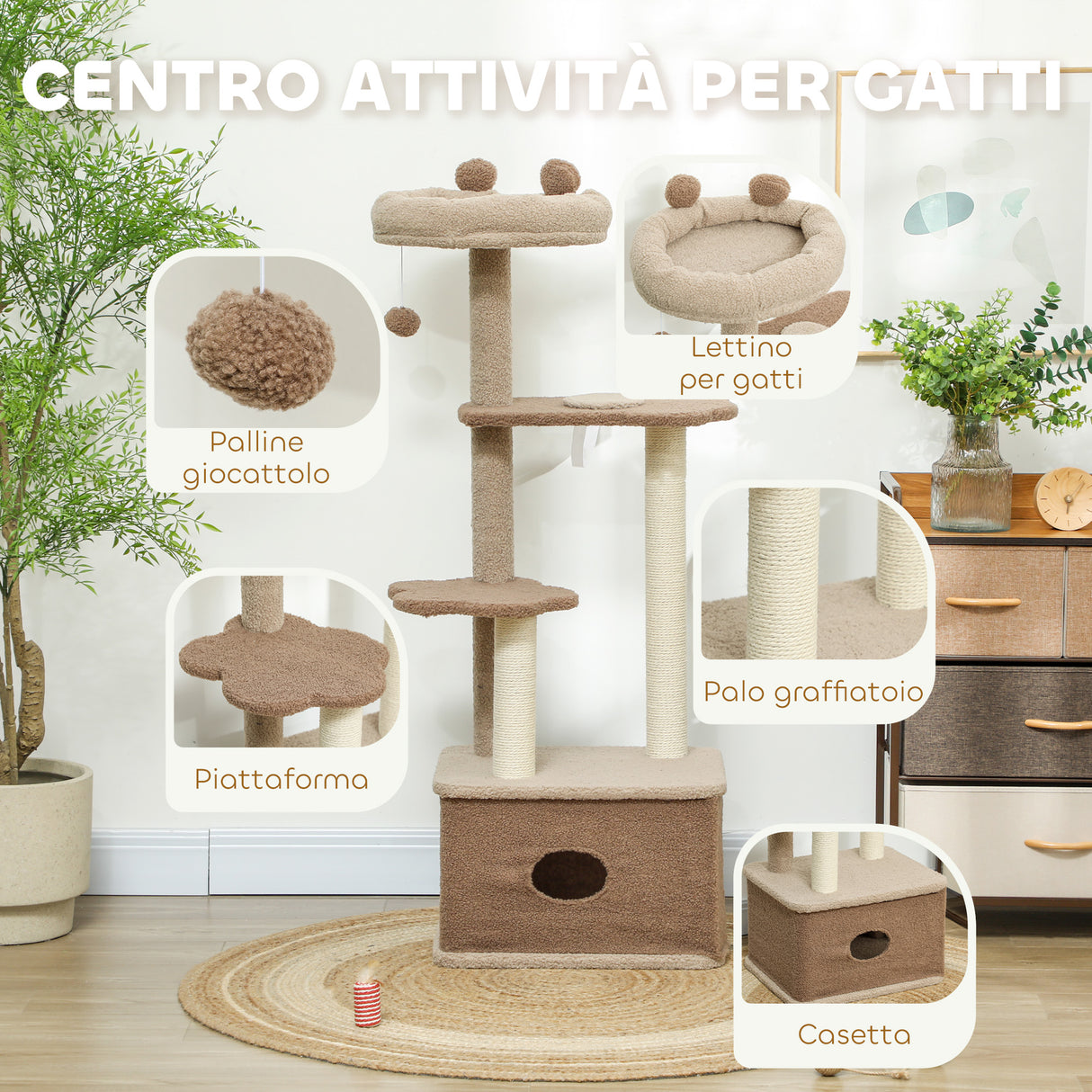 easycomfort easycomfort albero tiragraffi per gatti con lettino casetta e piattaforme in legno e cashmere 48x40x133 cm marrone