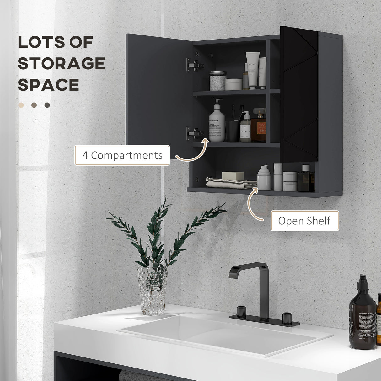 easycomfort easycomfort armadietto con specchiera bagno a 2 ante e mensole regolabili in legno 55x17x55cm nero