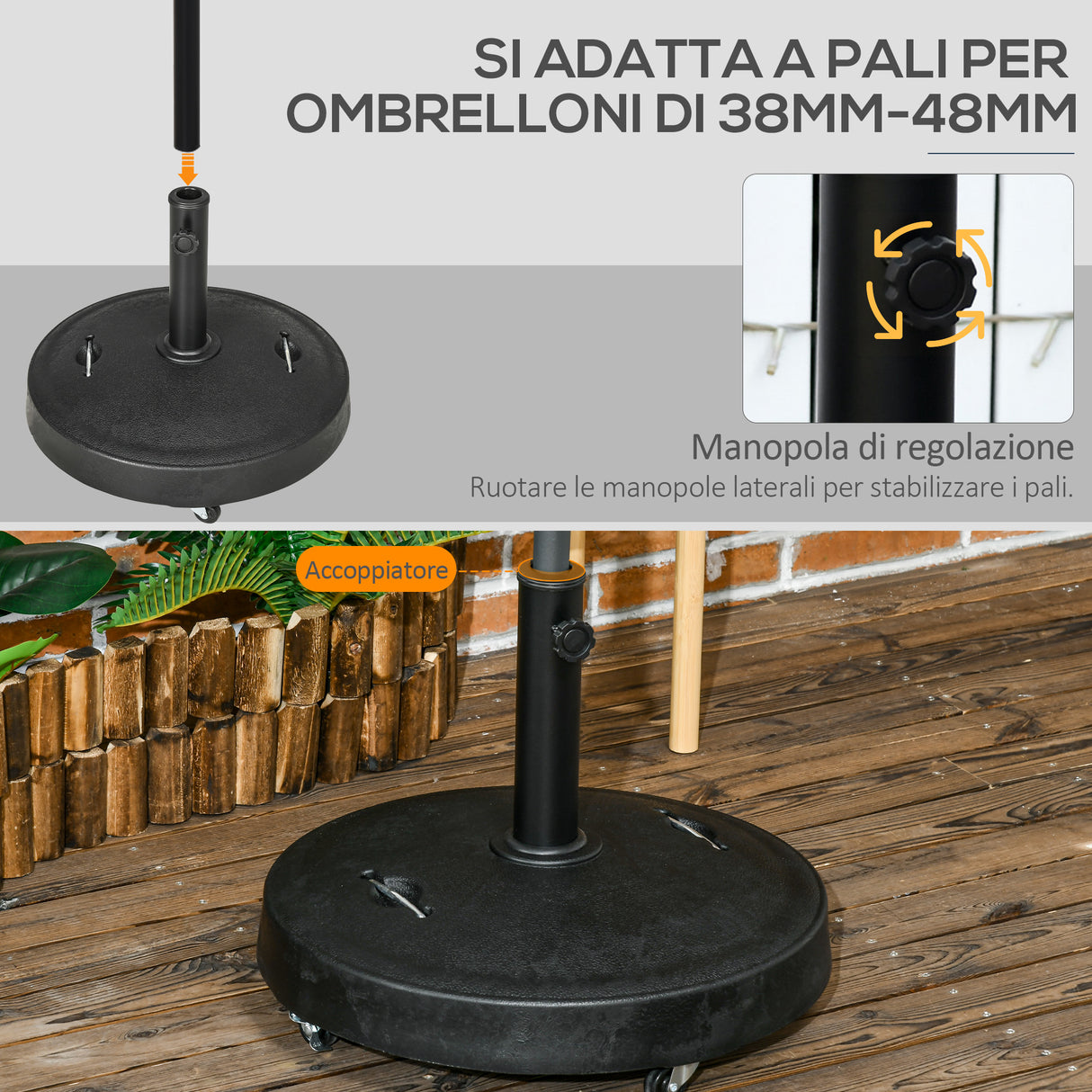 easycomfort easycomfort base per ombrellone da 23 5kg con 2 manovelle e rotelle in resina e acciaio 53x41 cm nera