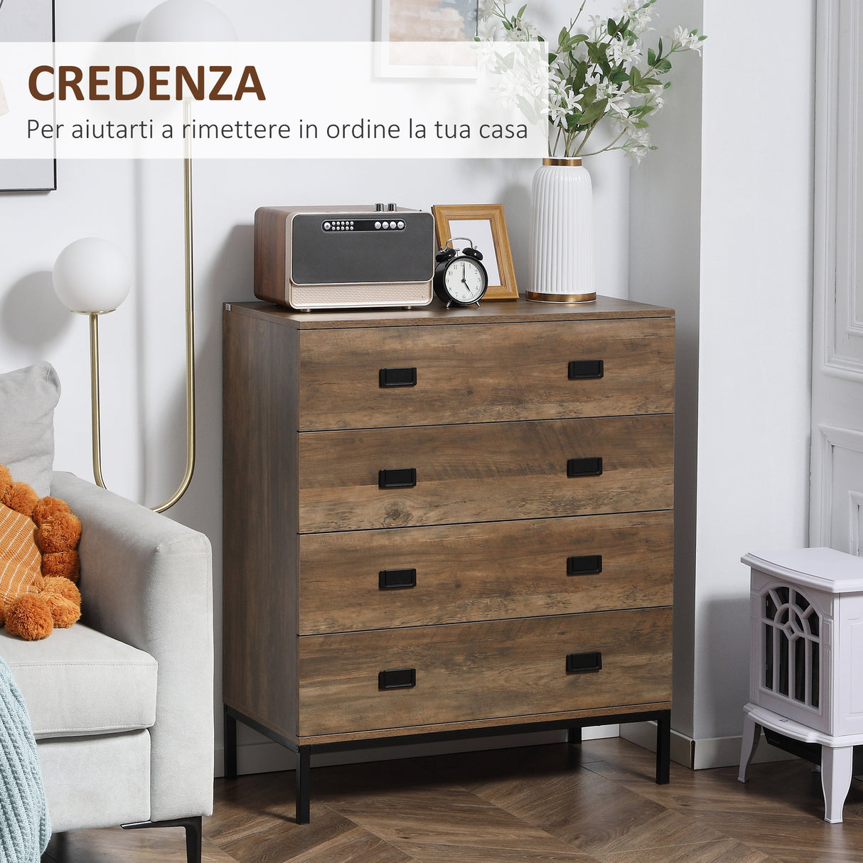 easycomfort easycomfort cassettiera 4 cassetti in truciolato e metallo per soggiorno e camera da letto 80x39x95 cm marrone