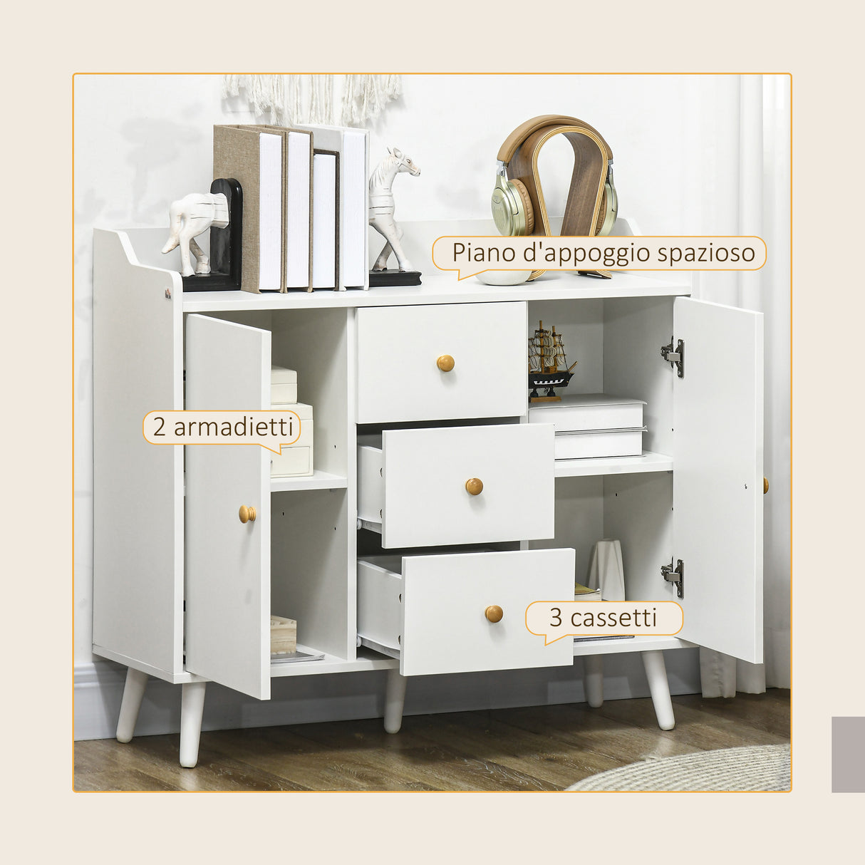 easycomfort easycomfort credenza moderna in legno con 3 cassetti e 2 armadietti a 2 livelli 90x32x80 cm bianco