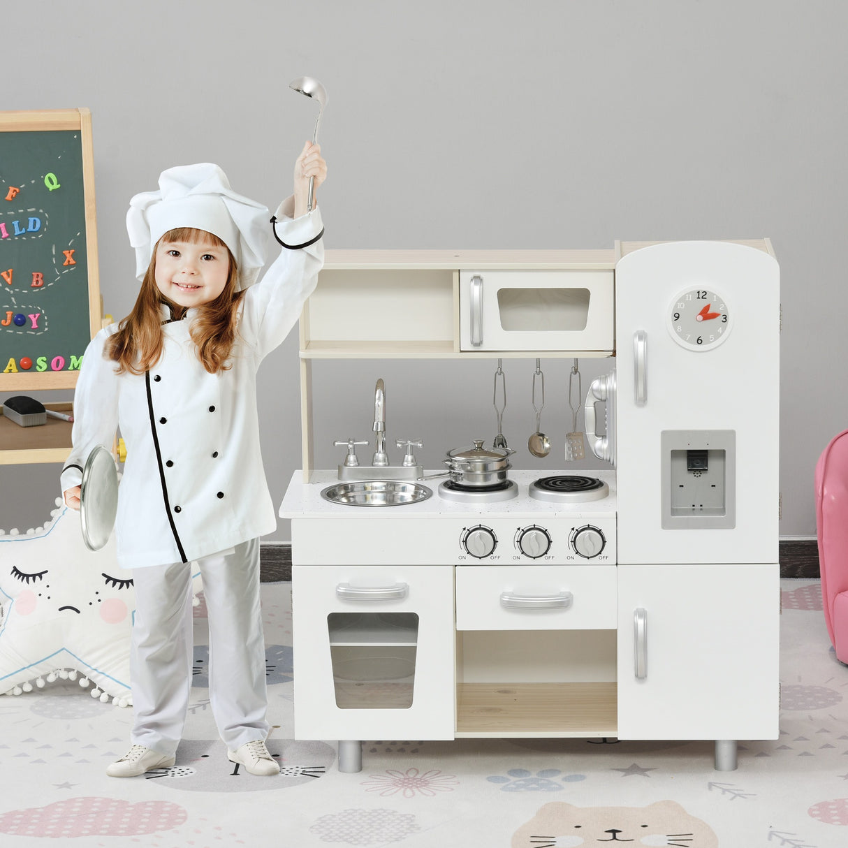 easycomfort easycomfort cucina giocattolo in legno per bambini con lavandino e fornelli pentole e utensili in acciaio 74x30x81cm bianco