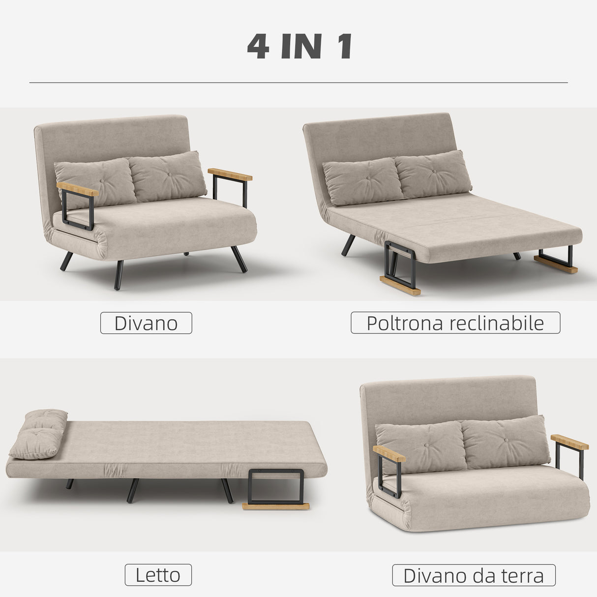 easycomfort easycomfort divano letto 3 in 1 in tessuto effetto velluto con schienale regolabile e 2 cuscini 102x73x81 cm bianco crema