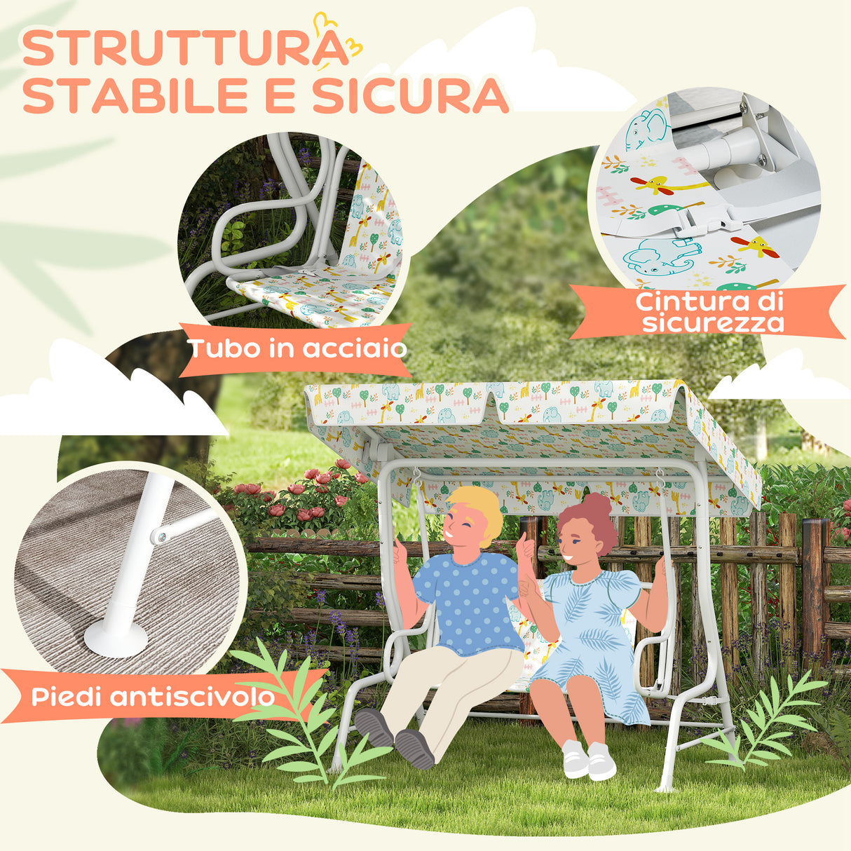 easycomfort easycomfort dondolo per bambini da esterno a 2 posti con tettuccio regolabile e cinture di sicurezza 112x75x120 cm bianco