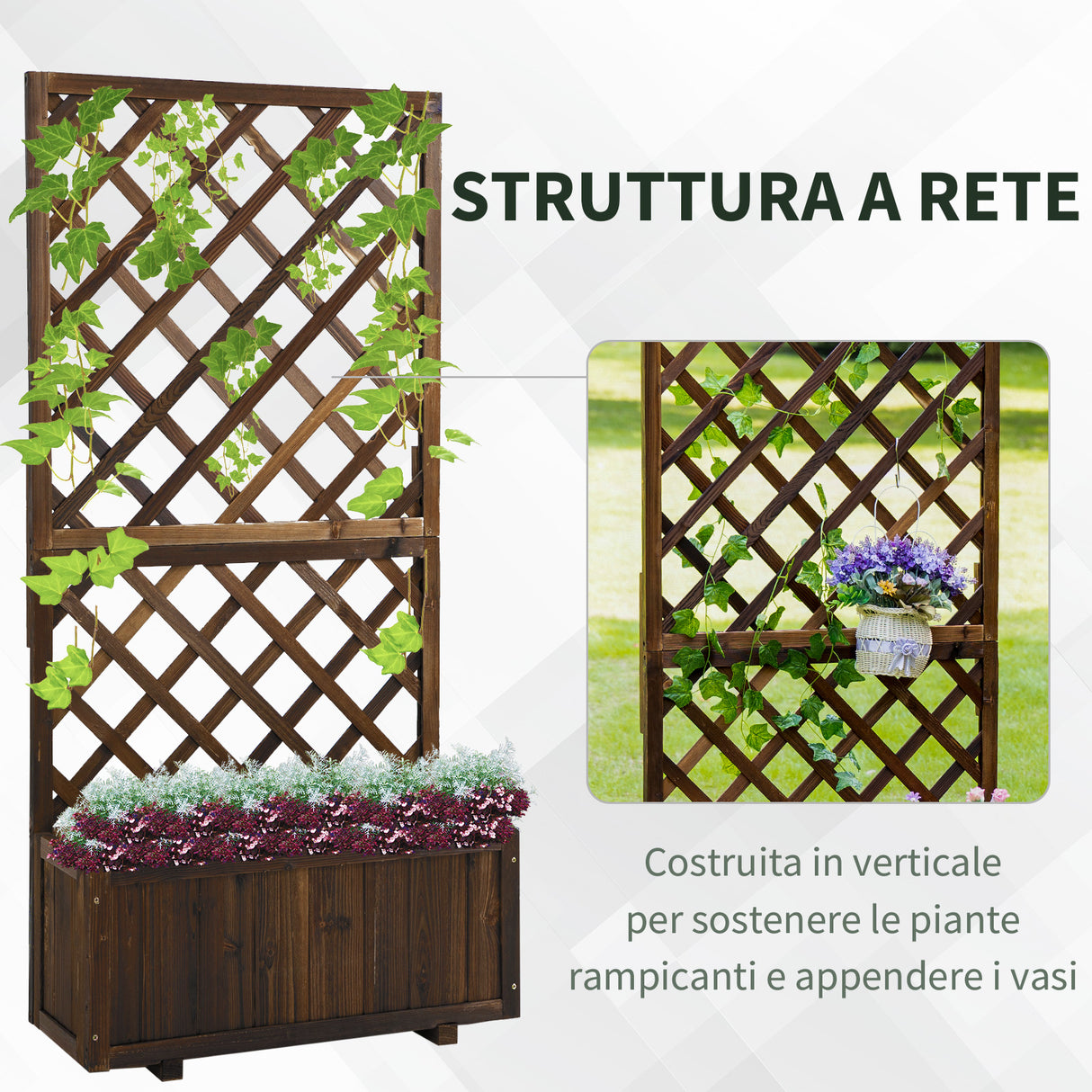 easycomfort easycomfort fioriera da esterno con grigliato per rampicanti e vaso in legno di abete 72 5x31 5x149 5 cm
