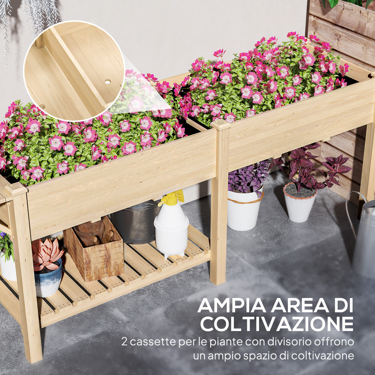 easycomfort easycomfort fioriera rialzata con tavolino laterale e ripiano porta attrezzi inferiore in legno di abete 207x59x78 cm