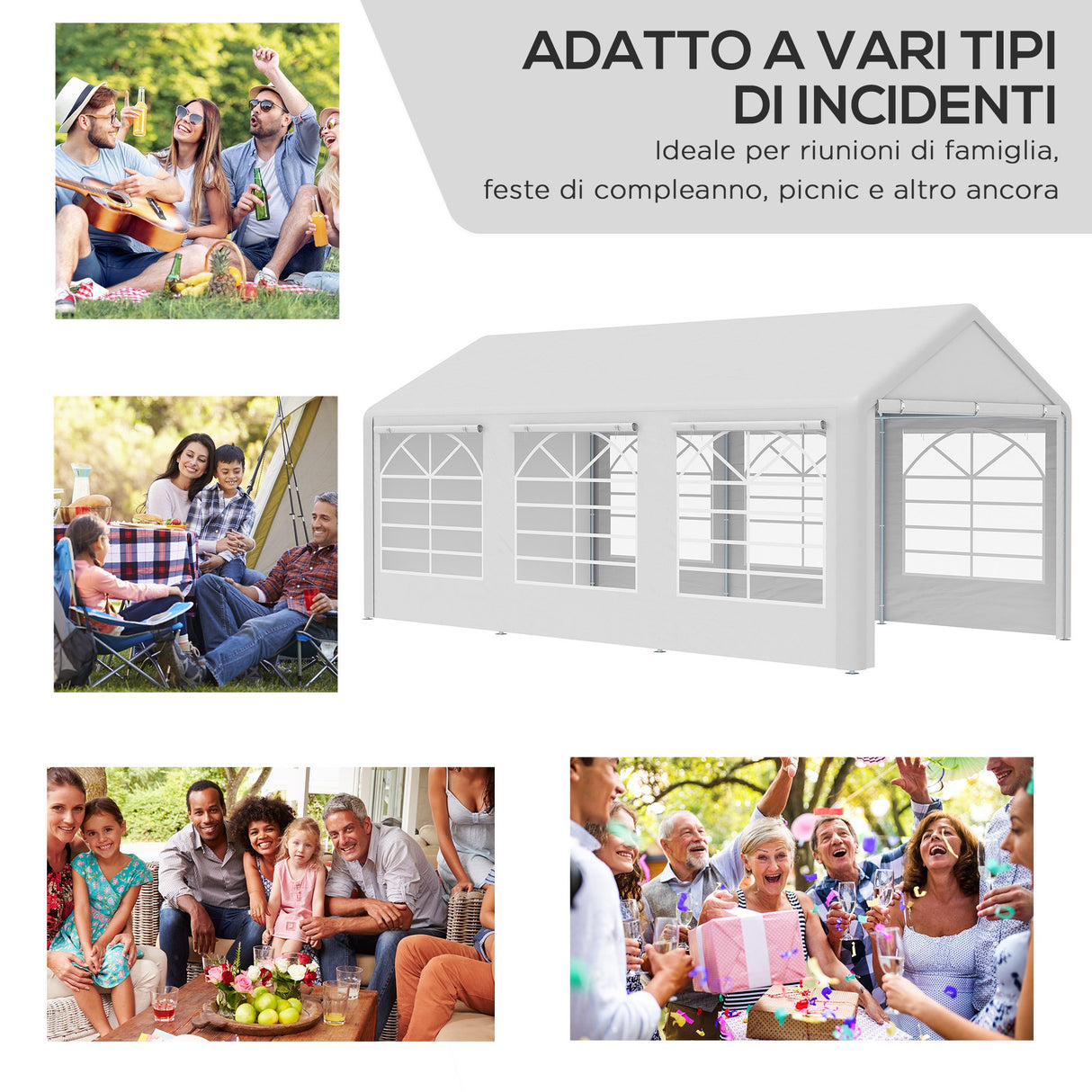 easycomfort easycomfort gazebo da giardino 6x3 m con finestre laterali 3 stanze e porte a cerniera bianco
