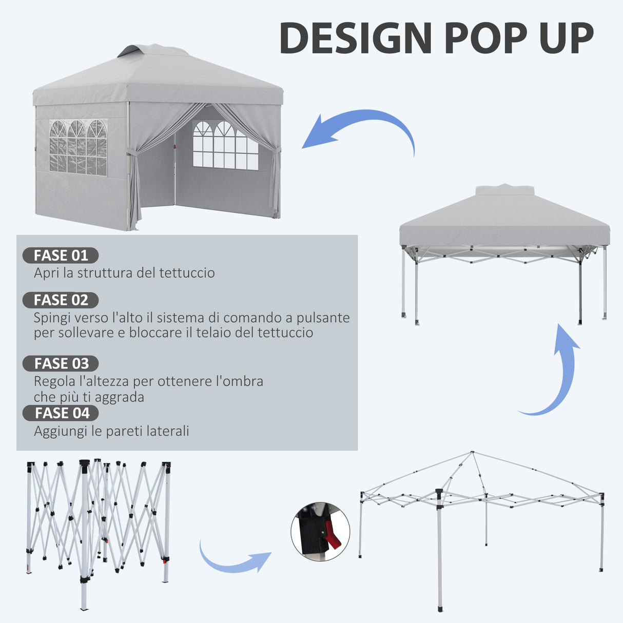 easycomfort easycomfort gazebo pieghevole 3x3 m con altezza regolabile su 3 livelli finestre e borsa di trasporto grigio chiaro