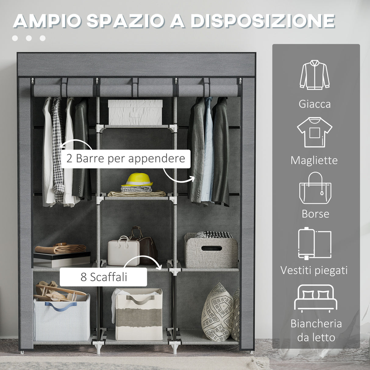 easycomfort easycomfort guardaroba in tessuto non tessuto e acciaio con 8 ripiani e 2 barre 125x43x162 5 cm grigio carbone
