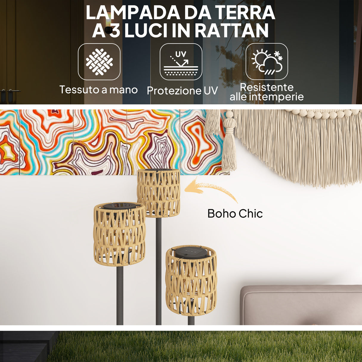 easycomfort easycomfort lampada da esterno solare in stile boho con ripiano centrale in rattan pe e acciaio 37x144 cm nero e giallo
