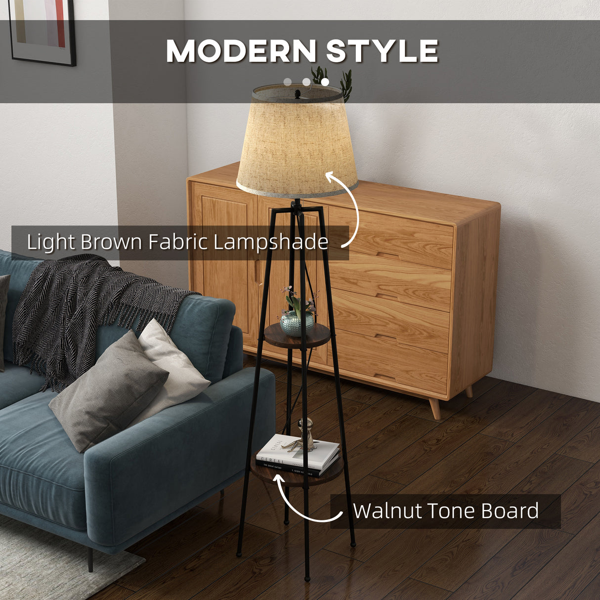 easycomfort easycomfort lampada da terra a 2 ripiani in metallo e mdf con paralume in tessuto 42x166 cm nero e marrone