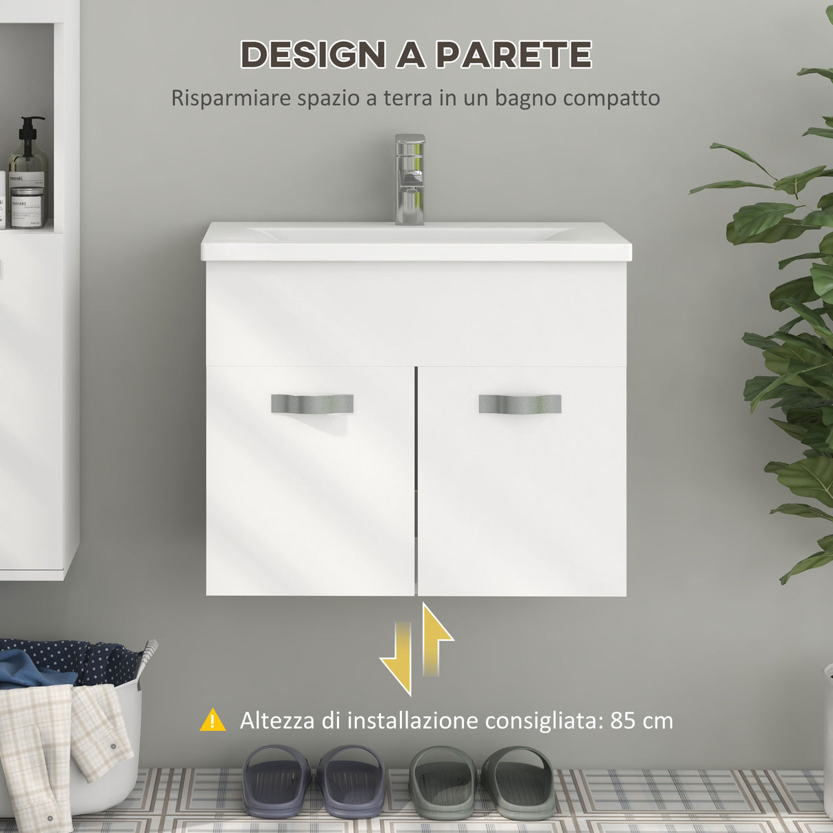 easycomfort easycomfort mobile bagno sospeso con lavabo armadietto a 2 ante con cerniere ammortizzate 61x40x50cm bianco lucido