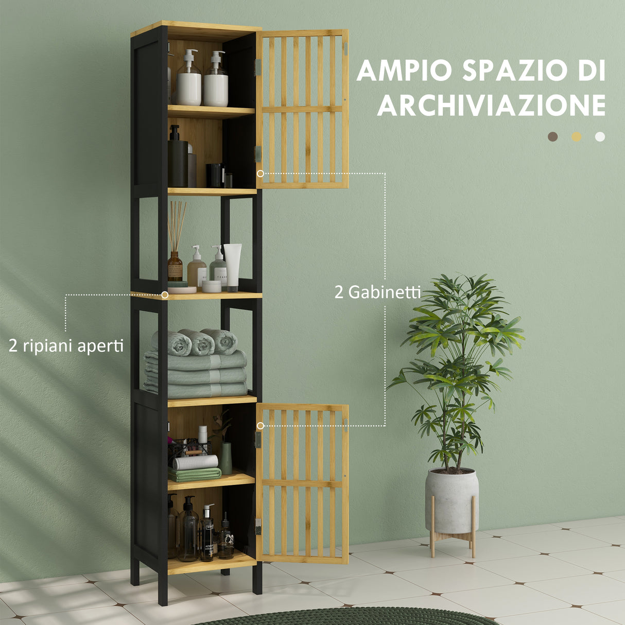 easycomfort easycomfort mobiletto bagno a doghe con 2 ripiani aperti e 2 armadietti in mdf e bambu 32x30x172 cm nero e color legno