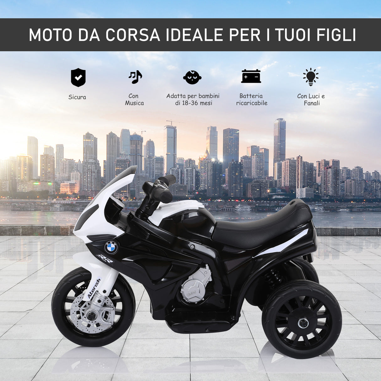 easycomfort easycomfort moto elettrica per bambini max 20kg con licenza bmw macchina elettrica con 3 ruote batteria ricaricabile 6v bianco nera 66x37x44cm