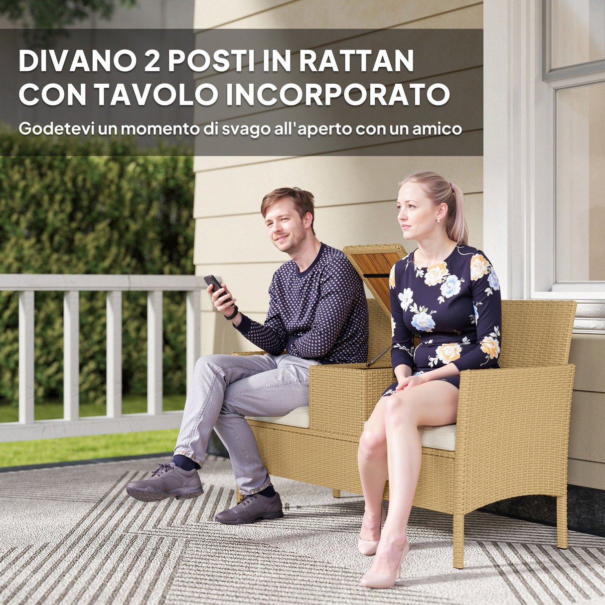 easycomfort easycomfort panca da giardino con tavolino a ribalta portaoggetti in rattan e acciaio 134x58x82 cm crema e cachi