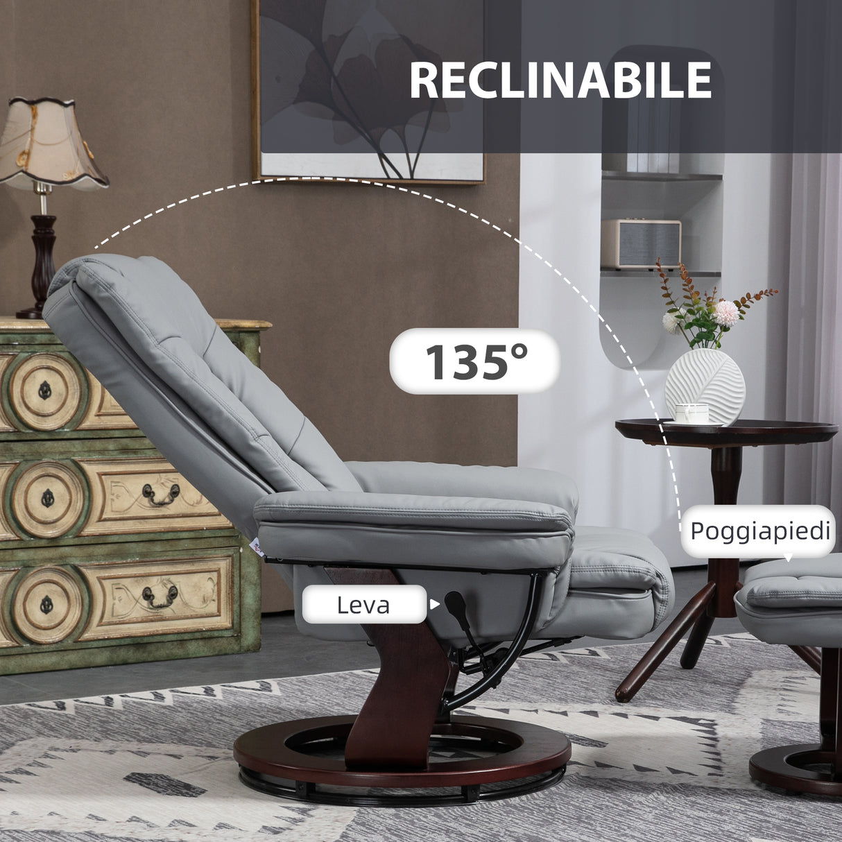 easycomfort easycomfort poltrona con poggiapiedi reclinabile con poggiatesta e braccioli in pelle pu e acciaio 85x82x106 cm grigio