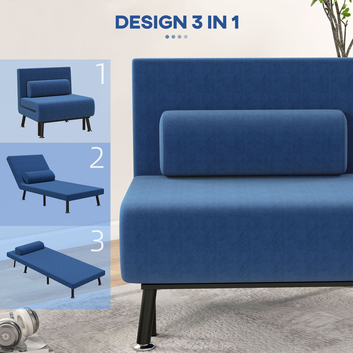 easycomfort easycomfort poltrona letto con schienale regolabile in 5 posizioni in tessuto effetto lino e acciaio 75x70x75 cm blu scuro