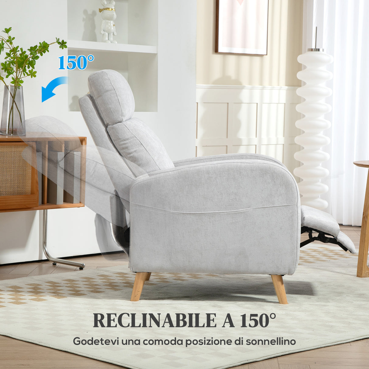 easycomfort easycomfort poltrona reclinabile 150 max con poggiapiedi in tessuto effetto lino 68x90x106 cm grigio chiaro