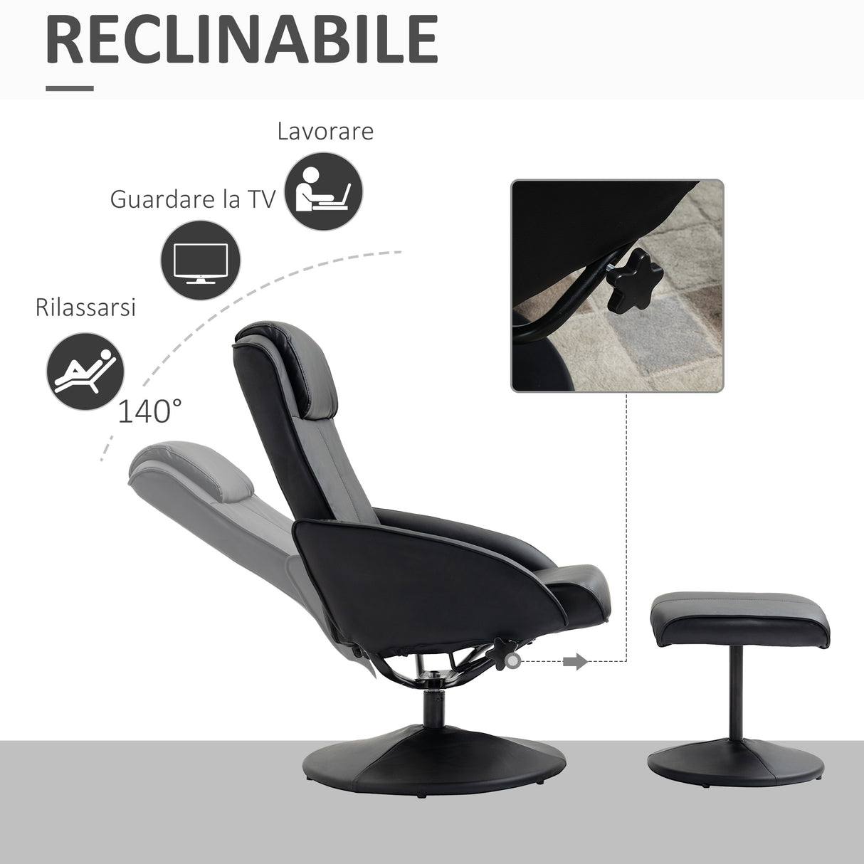 easycomfort easycomfort poltrona relax reclinabile con pouf poggiapiedi abbinato e rivestimento in finta pelle nero