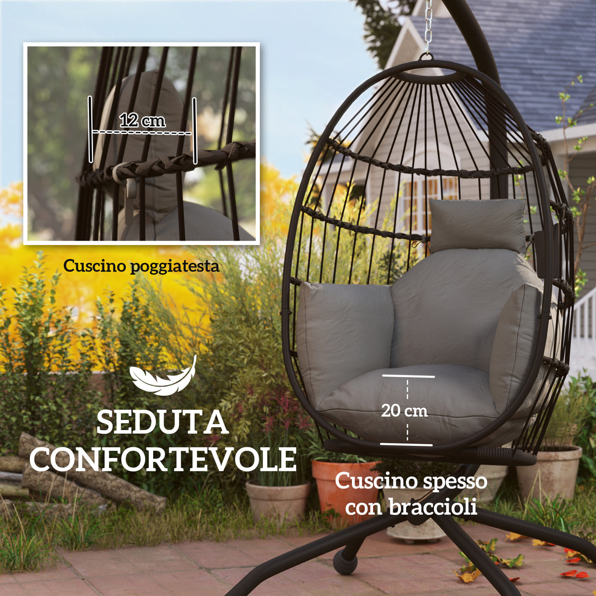 easycomfort easycomfort poltrona sospesa a uovo con gancio regolabile 2 cuscini e cesto in acciaio 120x88x192 cm nero e grigio
