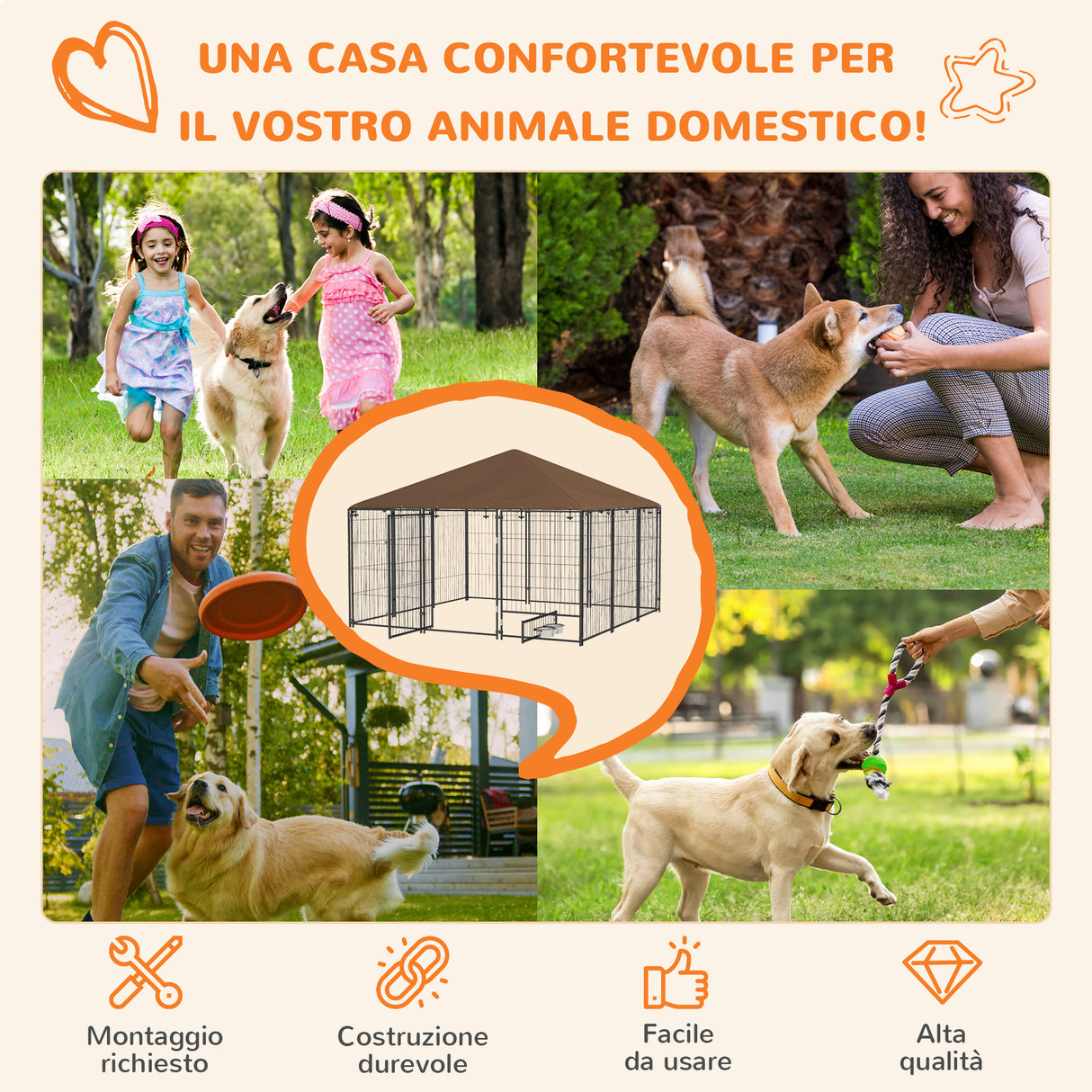 easycomfort easycomfort recinto per cani in metallo e tessuto oxford con porticina per ciotole 211x211x151 cm nero e marrone
