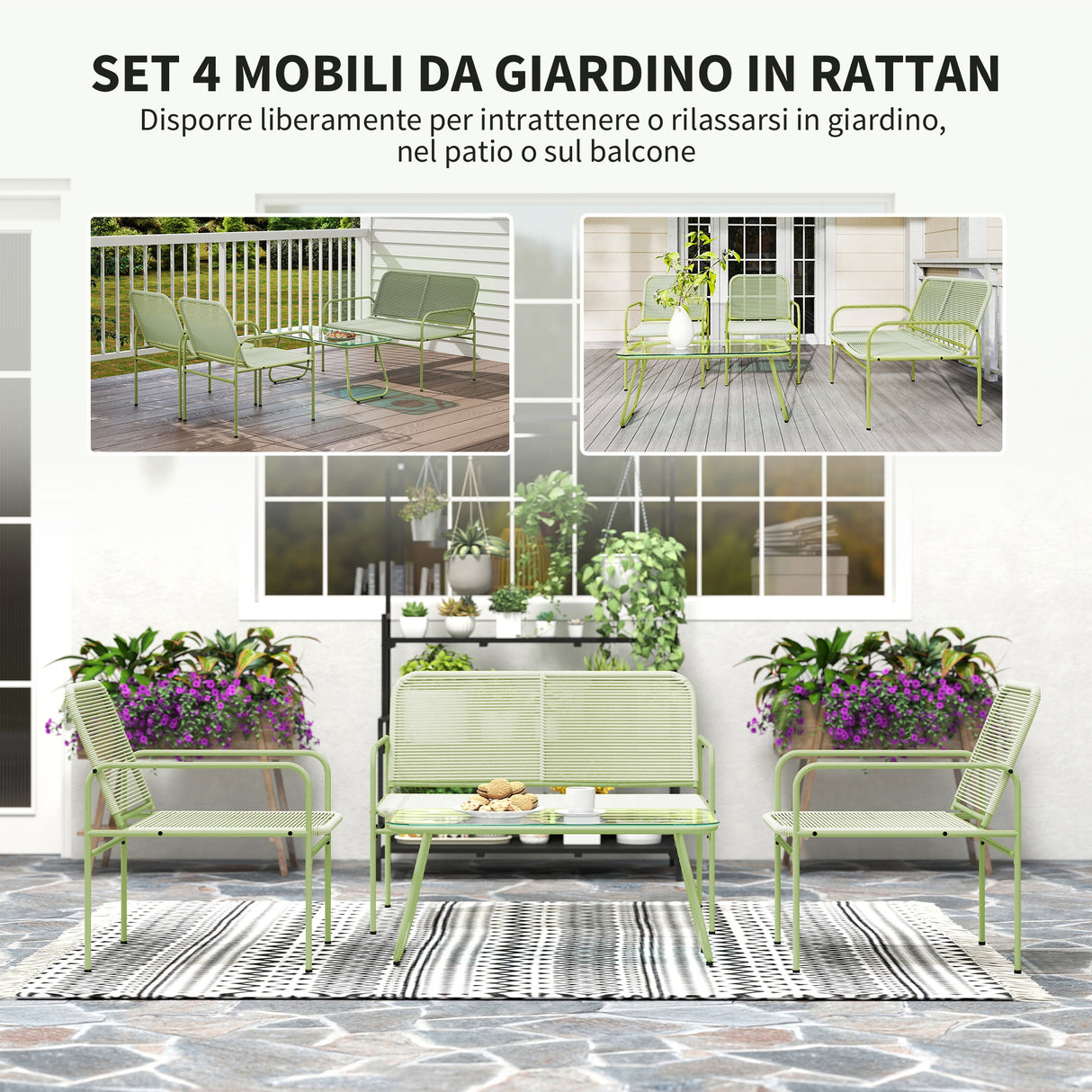 easycomfort easycomfort salotto da esterno in rattan pe con divanetto 2 poltroncine e tavolino con piano in vetro verde