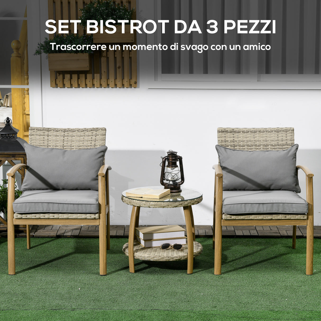 easycomfort easycomfort salotto da giardino in rattan con 2 poltroncine con cuscini e tavolino in vetro marrone e grigio