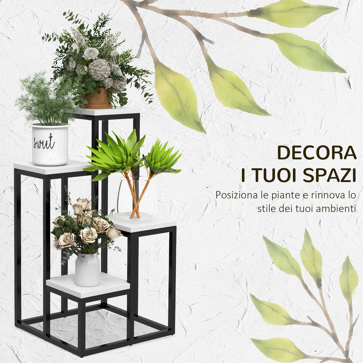 easycomfort easycomfort scaffale per piante a 4 livelli in acciaio e legno 34x34x70cm bianco e nero
