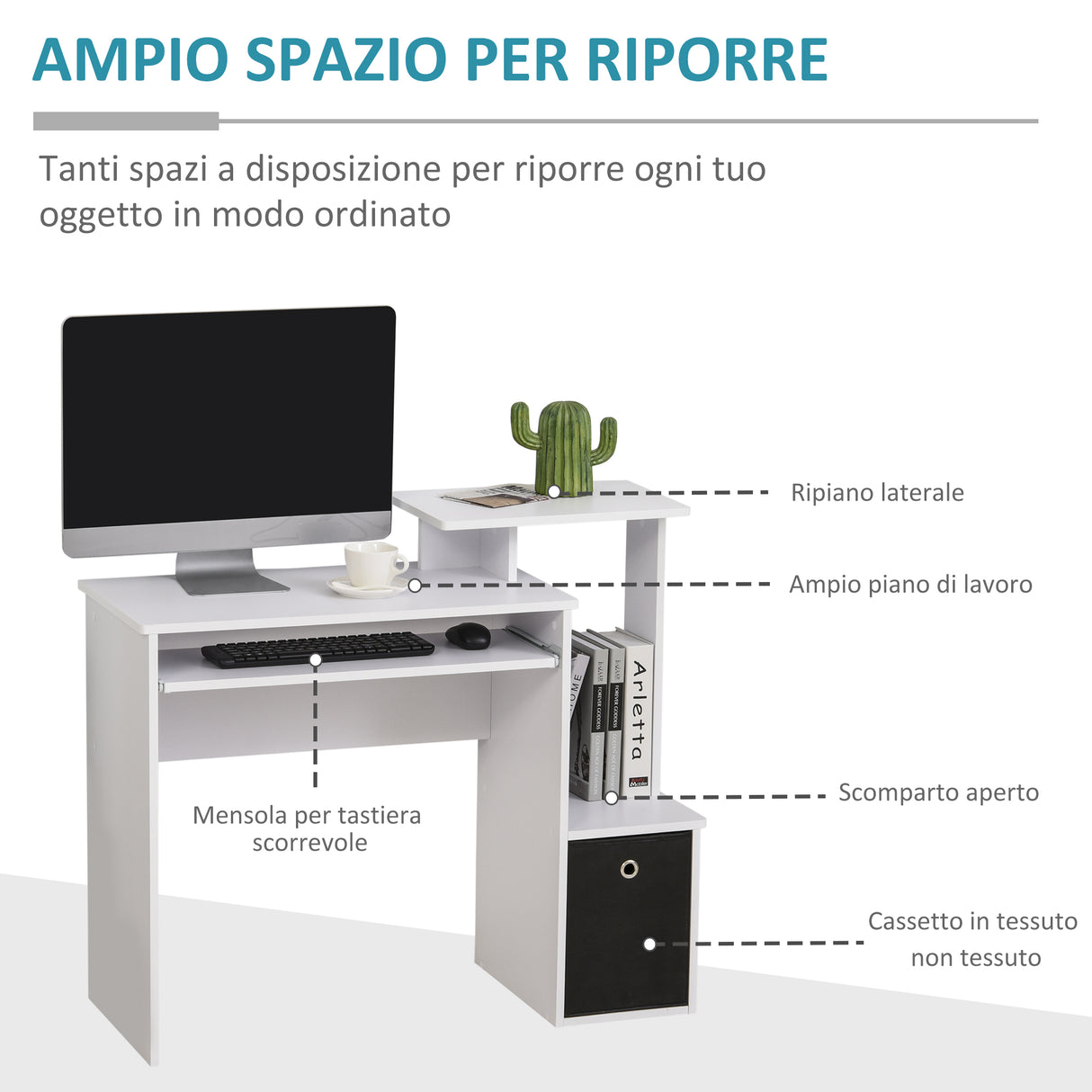 easycomfort easycomfort scrivania moderna con mensola per tastiera e cassetto in tessuto 100x40x86 6cm bianco e nero