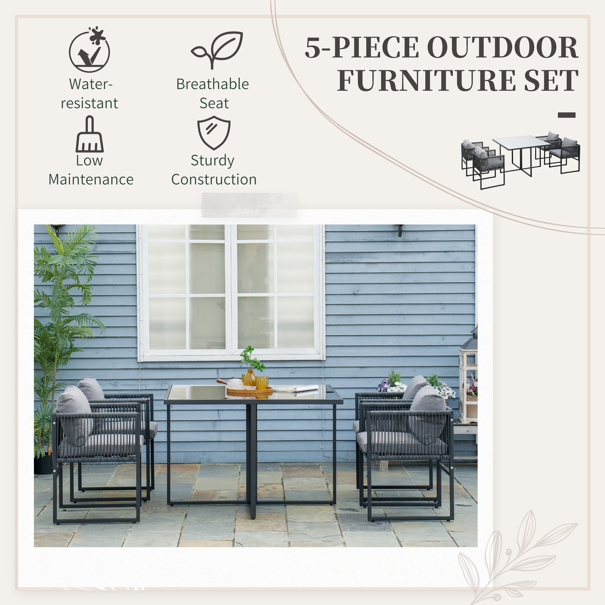 easycomfort easycomfort set da giardino 5 pezzi in rattan 4 sedie da giardino e tavolo da pranzo con piano in vetro