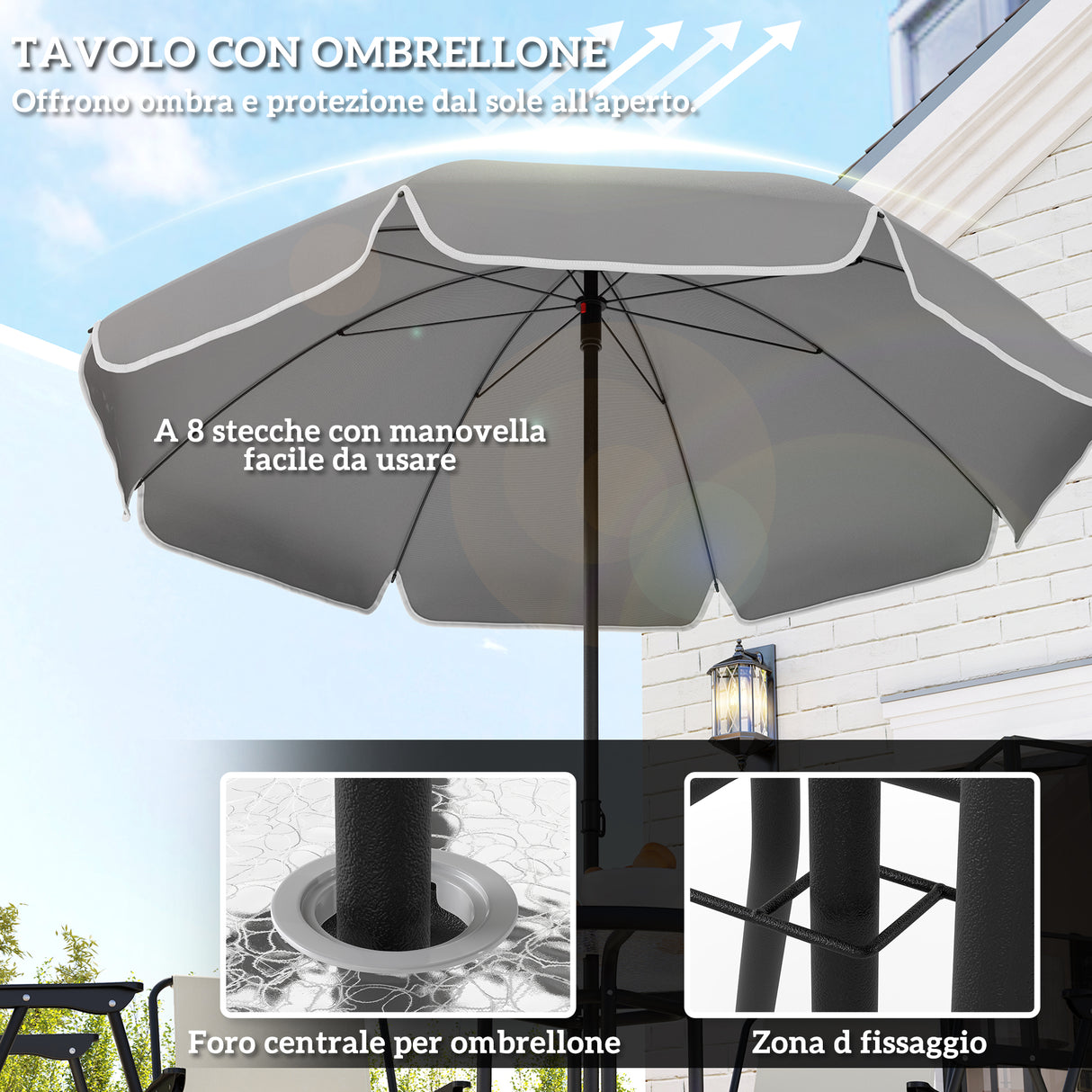 easycomfort easycomfort set da giardino 6 pezzi in acciaio con 4 sedie pieghevoli ombrellone e tavolo rotondo crema grigio e nero