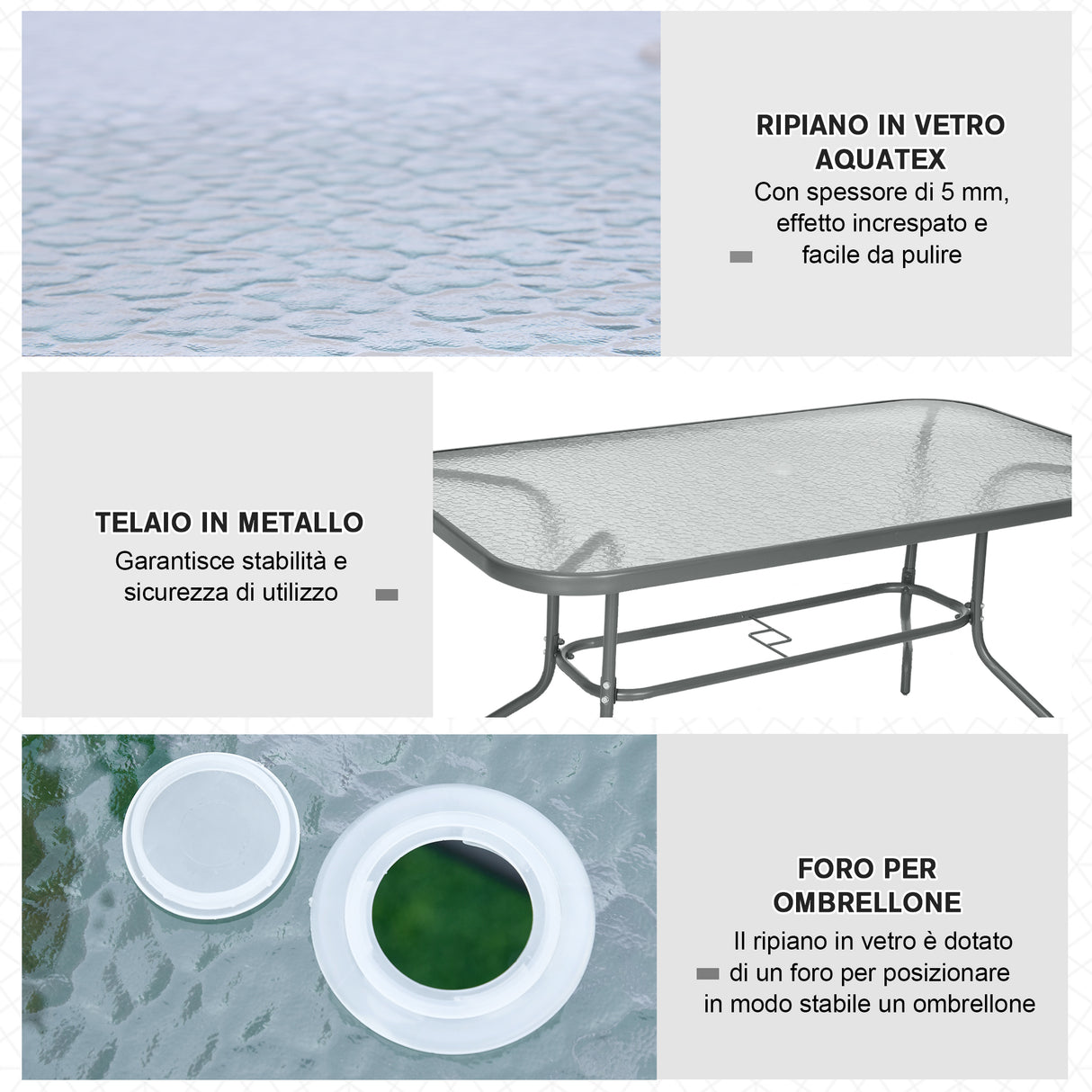 easycomfort easycomfort tavolo da giardino con foro per ombrellone arredamento da esterno in metallo e vetro 140x80x70cm grigio ean 8054144134215