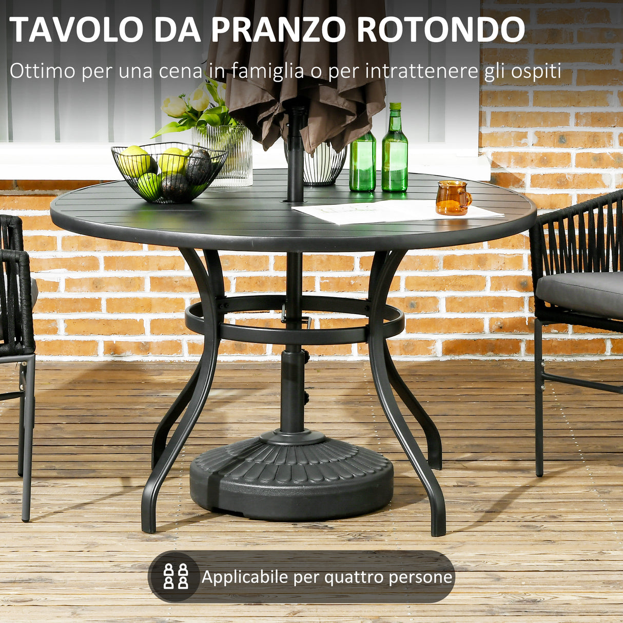 easycomfort easycomfort tavolo da giardino rotondo per 4 persone con foro per ombrellone e doghe in metallo 115x72cm nero