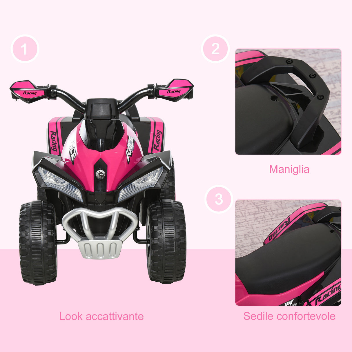 easycomfort area occasioni 2420 easycomfort mini quad per bambini 18 36 mesi a spinta manuale con musiche integrate in pp e metallo 67 5x38x44 cm rosa