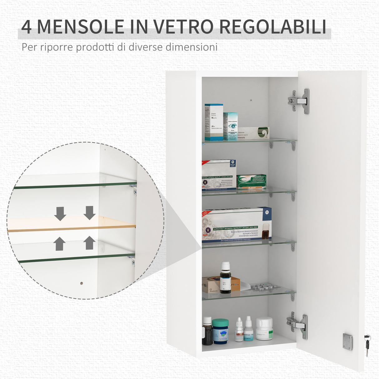 easycomfort easycomfort armadietto medicinali a muro con serratura 5 ripiani e mensole regolabili in legno e vetro bianco 30x20x70cm