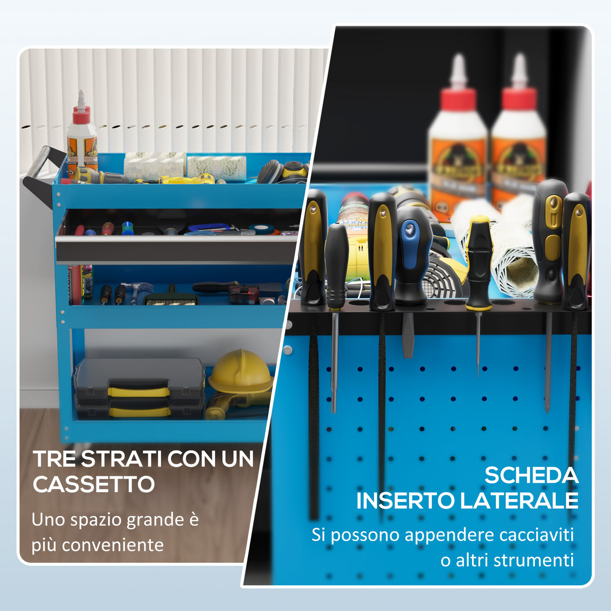 easycomfort easycomfort carrello porta attrezzi con manico laterale cassetto e 3 ripiani in acciaio 82x35x76 cm blu