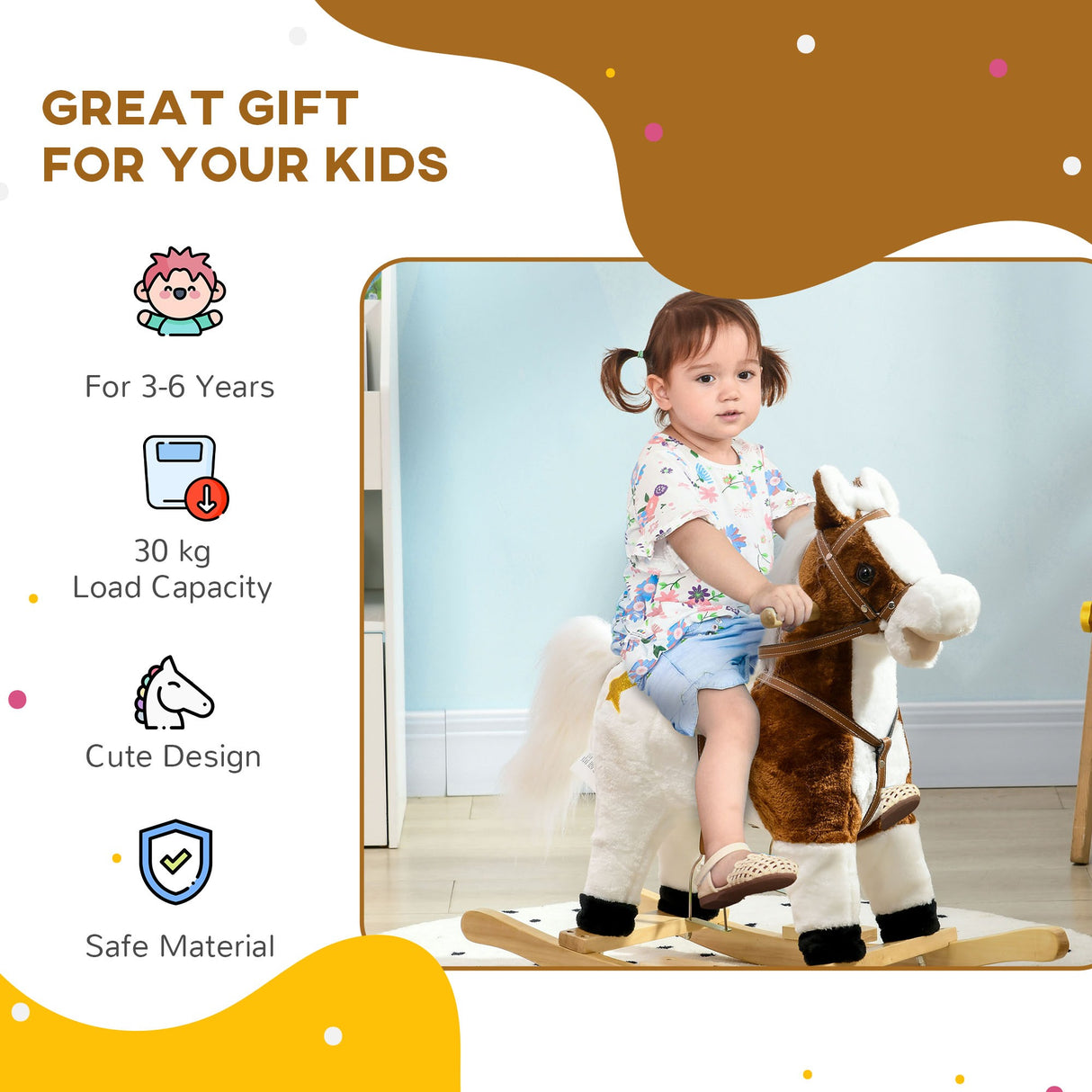 easycomfort easycomfort cavallino a dondolo per bambini da 3 6 anni in peluche con suoni 68x26x62cm marrone