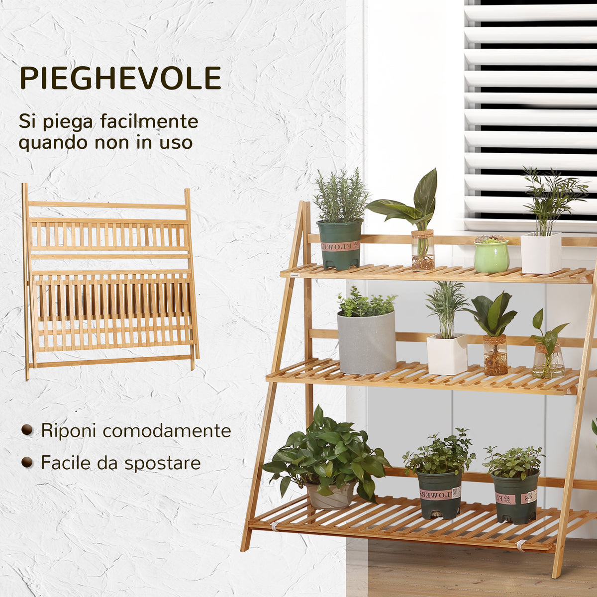 easycomfort easycomfort fioriera da esterno a 3 livelli in bambu con design rialzato e pieghevole 98x37x96 5 cm color legno