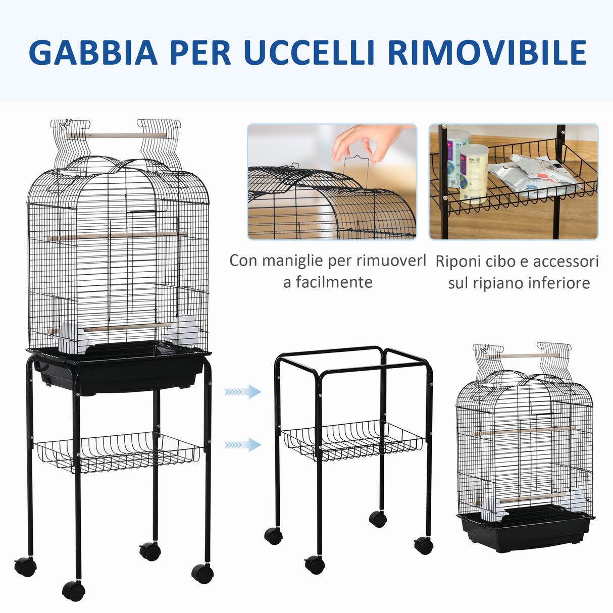 easycomfort easycomfort gabbia per uccelli con 3 posatoi 2 ciotole e 2 porte laterali in acciaio pp e legno 46x36x130 cm nera